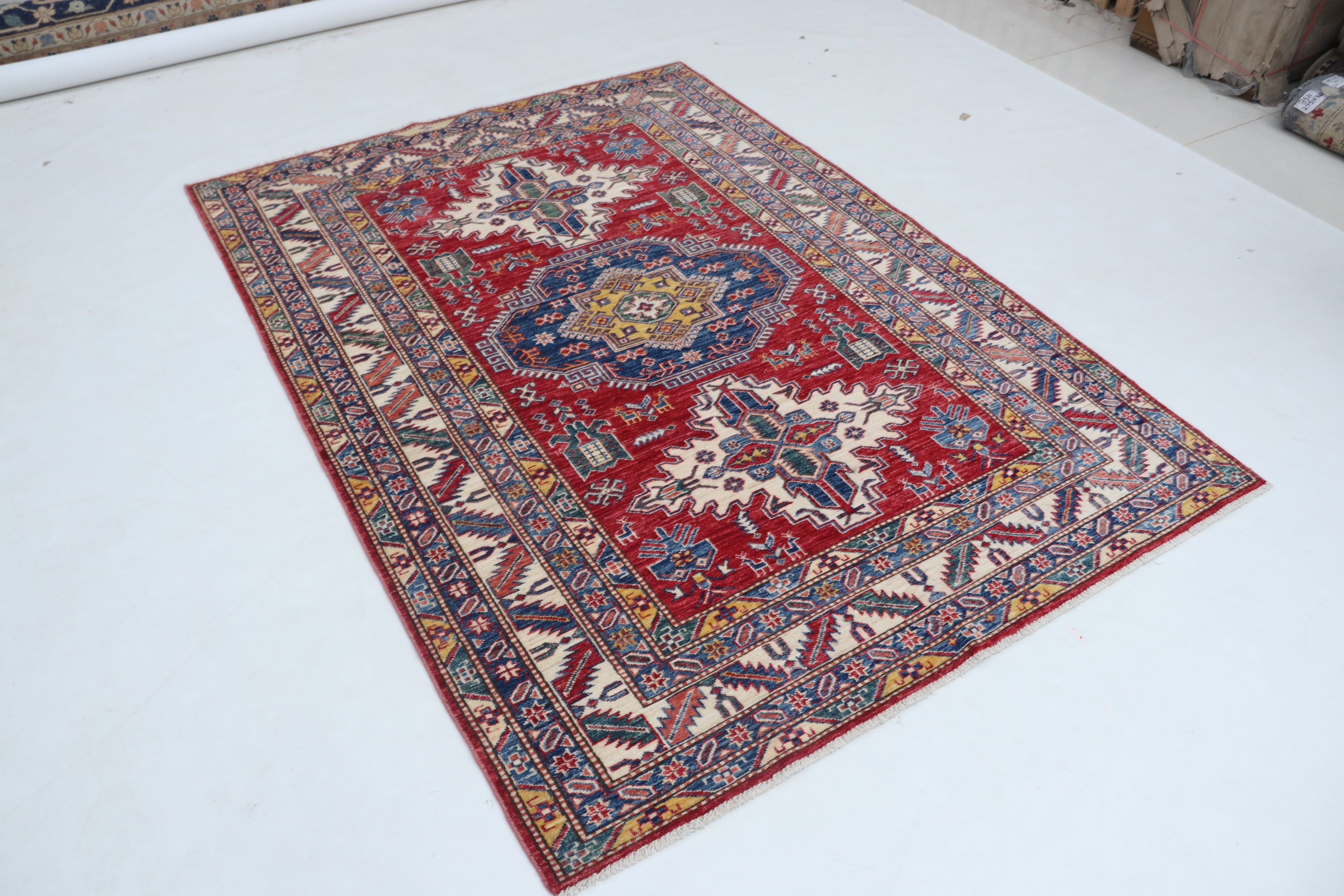 5x6 Beige & Red Super Kazak Geometric Handmade Cotton & Wool Rug | Premium Luxury Area Rug