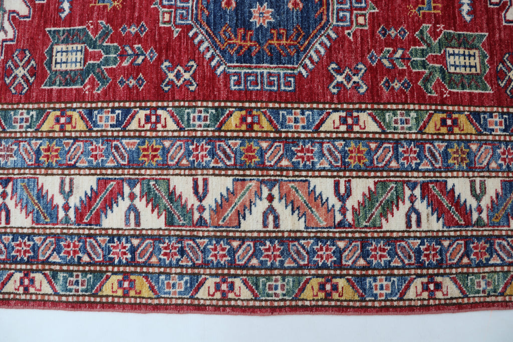 5x6 Beige & Red Super Kazak Geometric Handmade Cotton & Wool Rug | Premium Luxury Area Rug