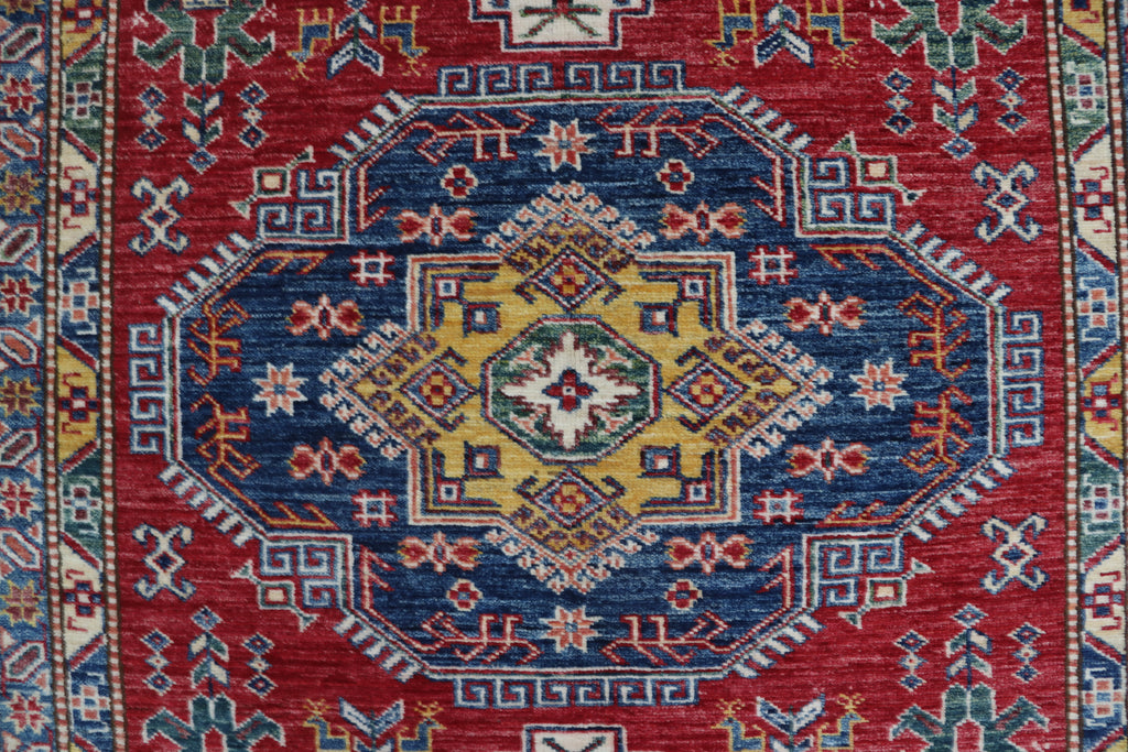 5x6 Beige & Red Super Kazak Geometric Handmade Cotton & Wool Rug | Premium Luxury Area Rug