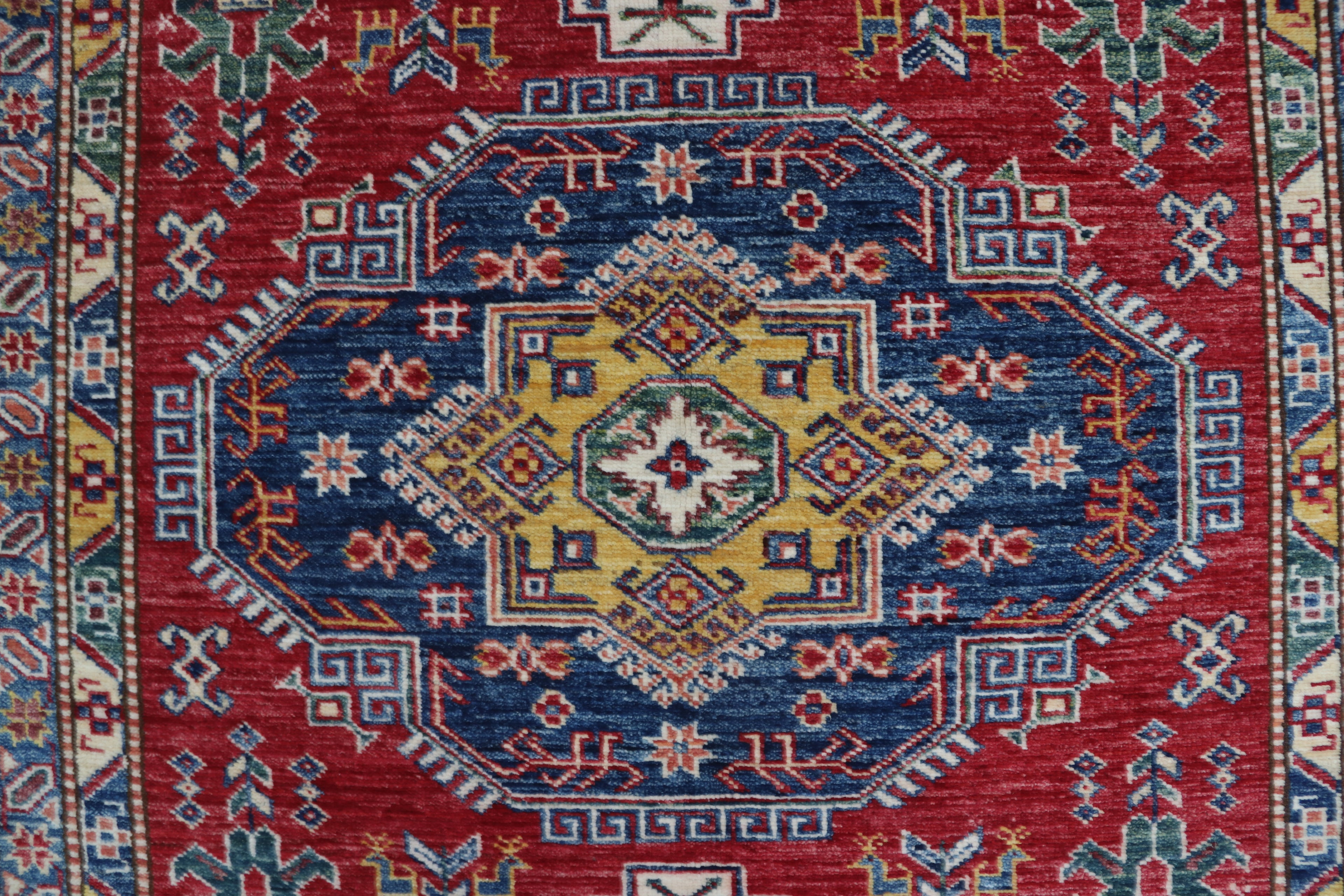 5x6 Beige & Red Super Kazak Geometric Handmade Cotton & Wool Rug | Premium Luxury Area Rug