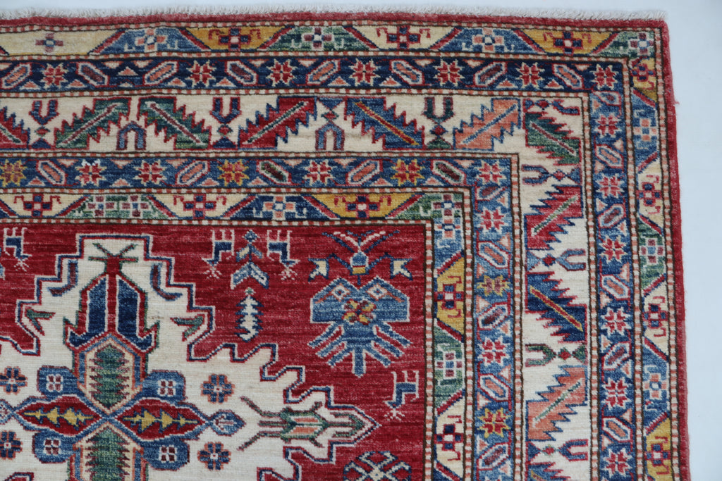5x6 Beige & Red Super Kazak Geometric Handmade Cotton & Wool Rug | Premium Luxury Area Rug