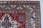 5x6 Beige & Red Super Kazak Geometric Handmade Cotton & Wool Rug | Premium Luxury Area Rug