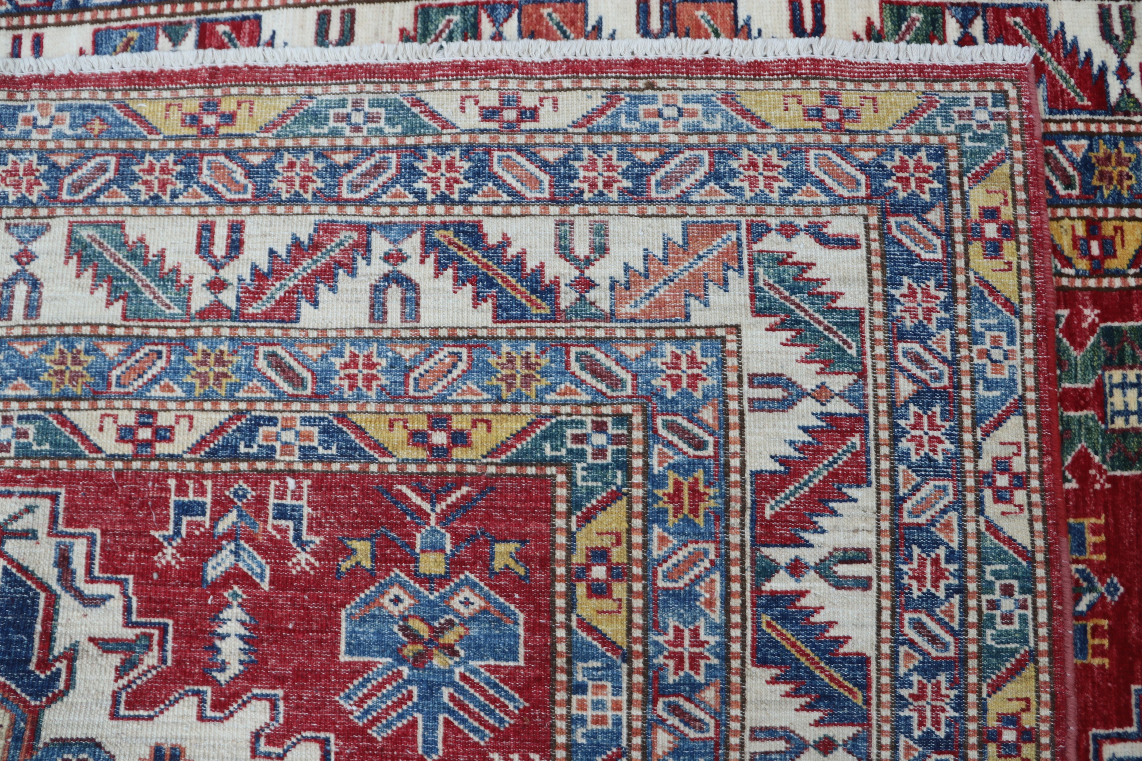 5x6 Beige & Red Super Kazak Geometric Handmade Cotton & Wool Rug | Premium Luxury Area Rug