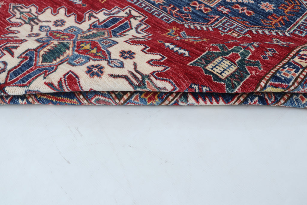 5x6 Beige & Red Super Kazak Geometric Handmade Cotton & Wool Rug | Premium Luxury Area Rug