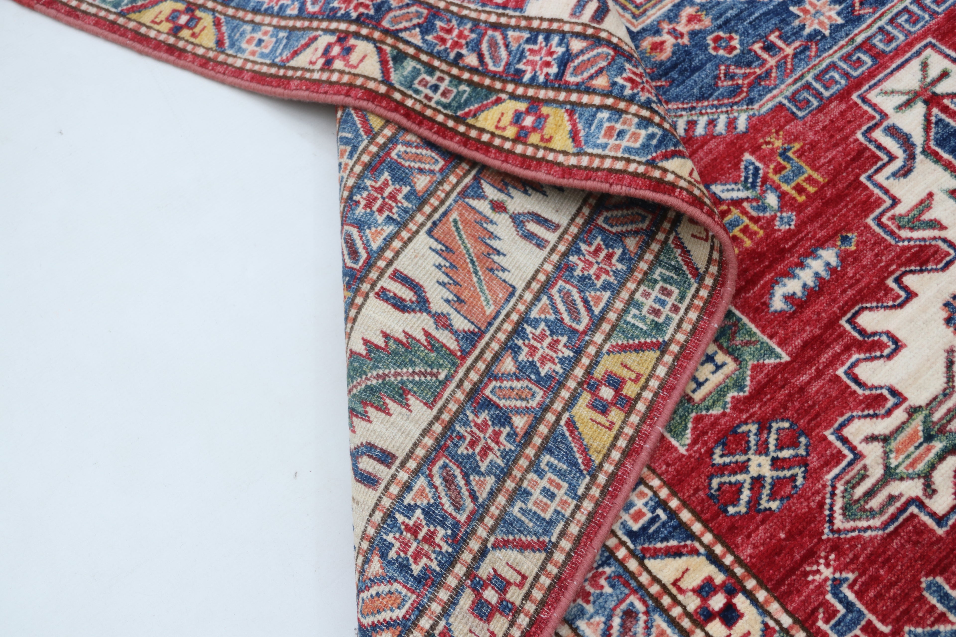 5x6 Beige & Red Super Kazak Geometric Handmade Cotton & Wool Rug | Premium Luxury Area Rug