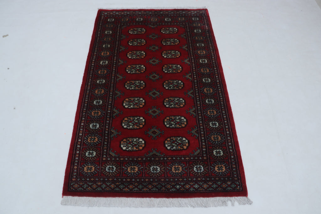 Red Mori Bokhara handmade geometric cotton and wool rug