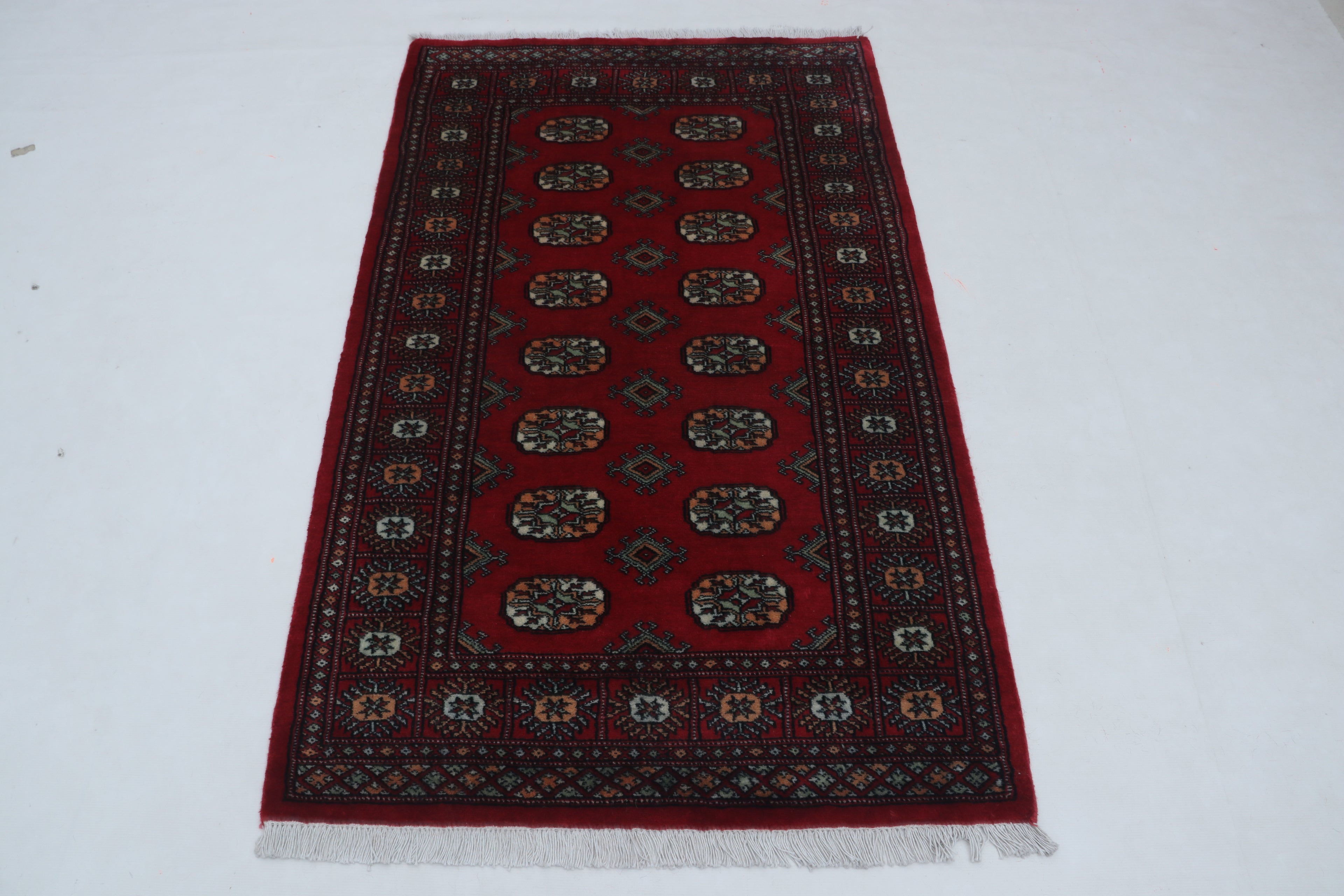 Red Mori Bokhara handmade geometric cotton and wool rug