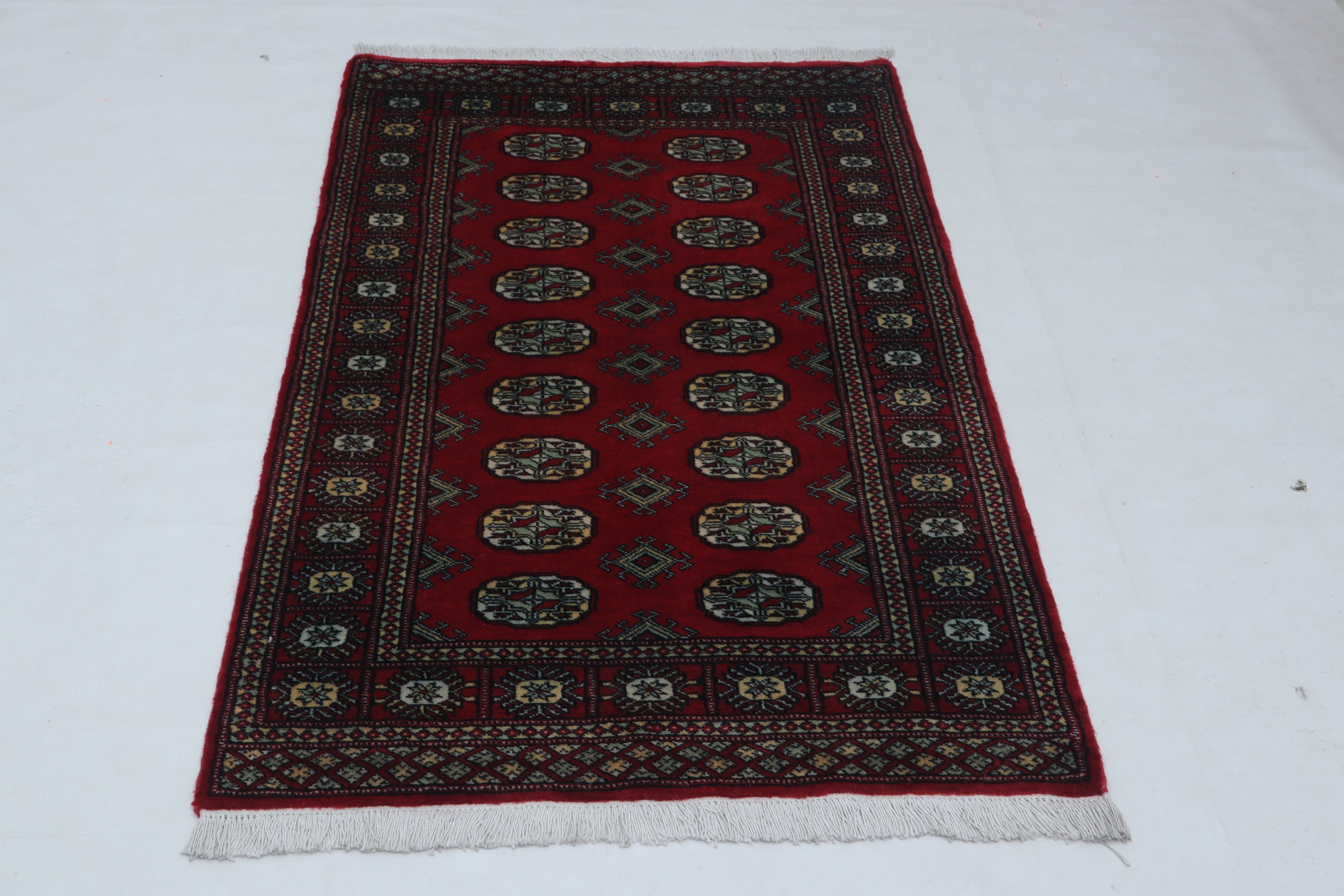 Red Mori Bokhara handmade geometric cotton and wool rug