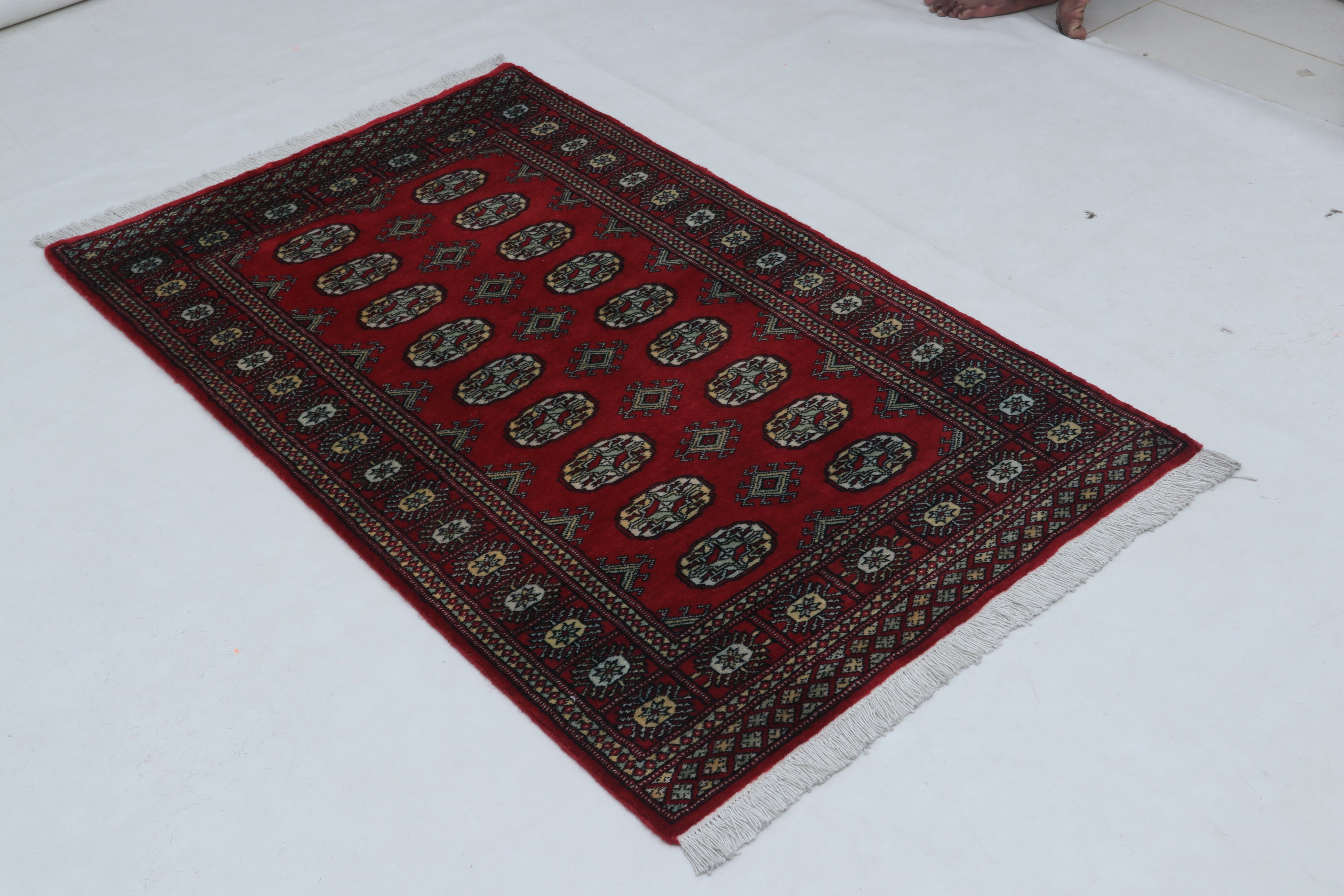 3x5 Red Mori Bokhara Geometric Handmade Cotton & Wool Rug | Premium Luxury Area Rug