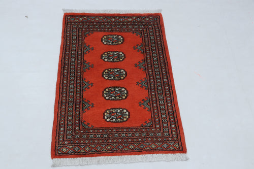 2x3 Orange Mori Bokhara Handmade Wool & Cotton Rug | Geometric Hand-Knotted Area Rug