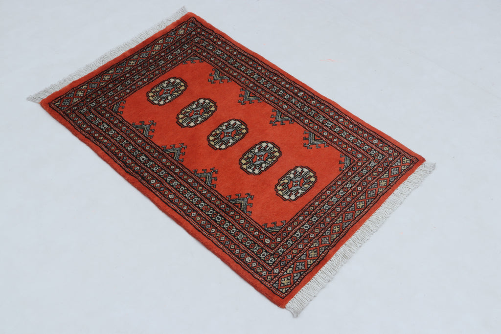2x3 Orange Mori Bokhara Handmade Wool & Cotton Rug | Geometric Hand-Knotted Area Rug