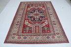 5x8 Beige & Red Super Kazak Geometric Handmade Cotton & Wool Rug | Premium Luxury Area Rug