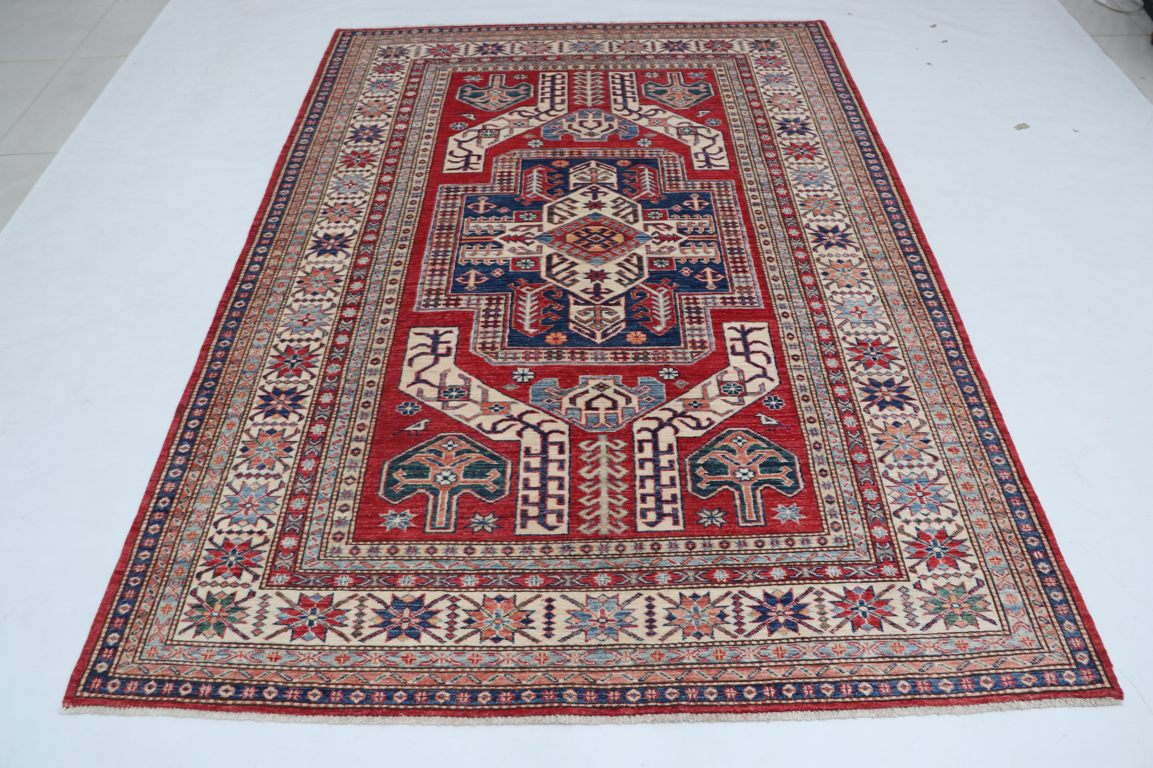 5x8 Beige & Red Super Kazak Geometric Handmade Cotton & Wool Rug | Premium Luxury Area Rug