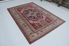 5x8 Beige & Red Super Kazak Geometric Handmade Cotton & Wool Rug | Premium Luxury Area Rug