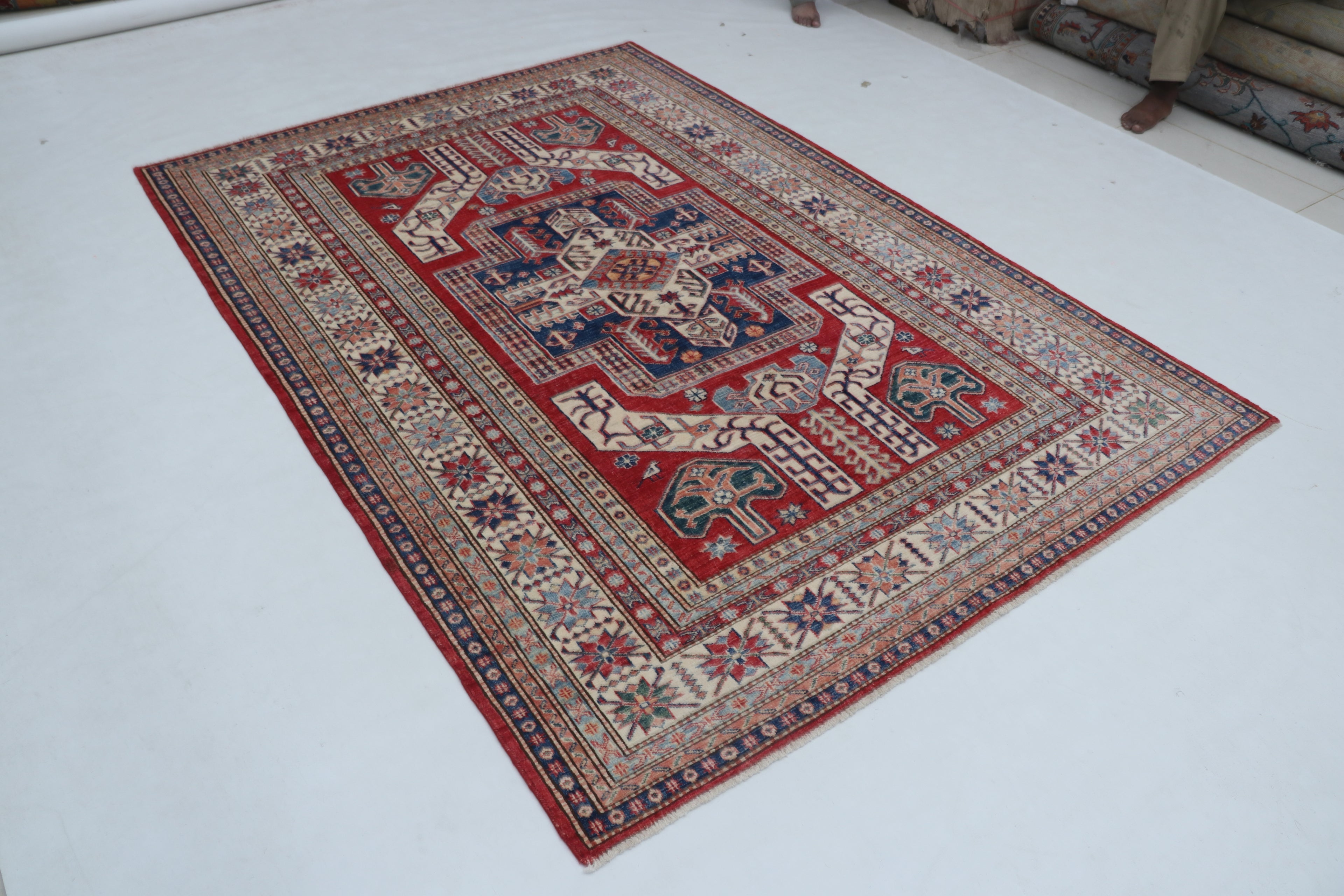 5x8 Beige & Red Super Kazak Geometric Handmade Cotton & Wool Rug | Premium Luxury Area Rug