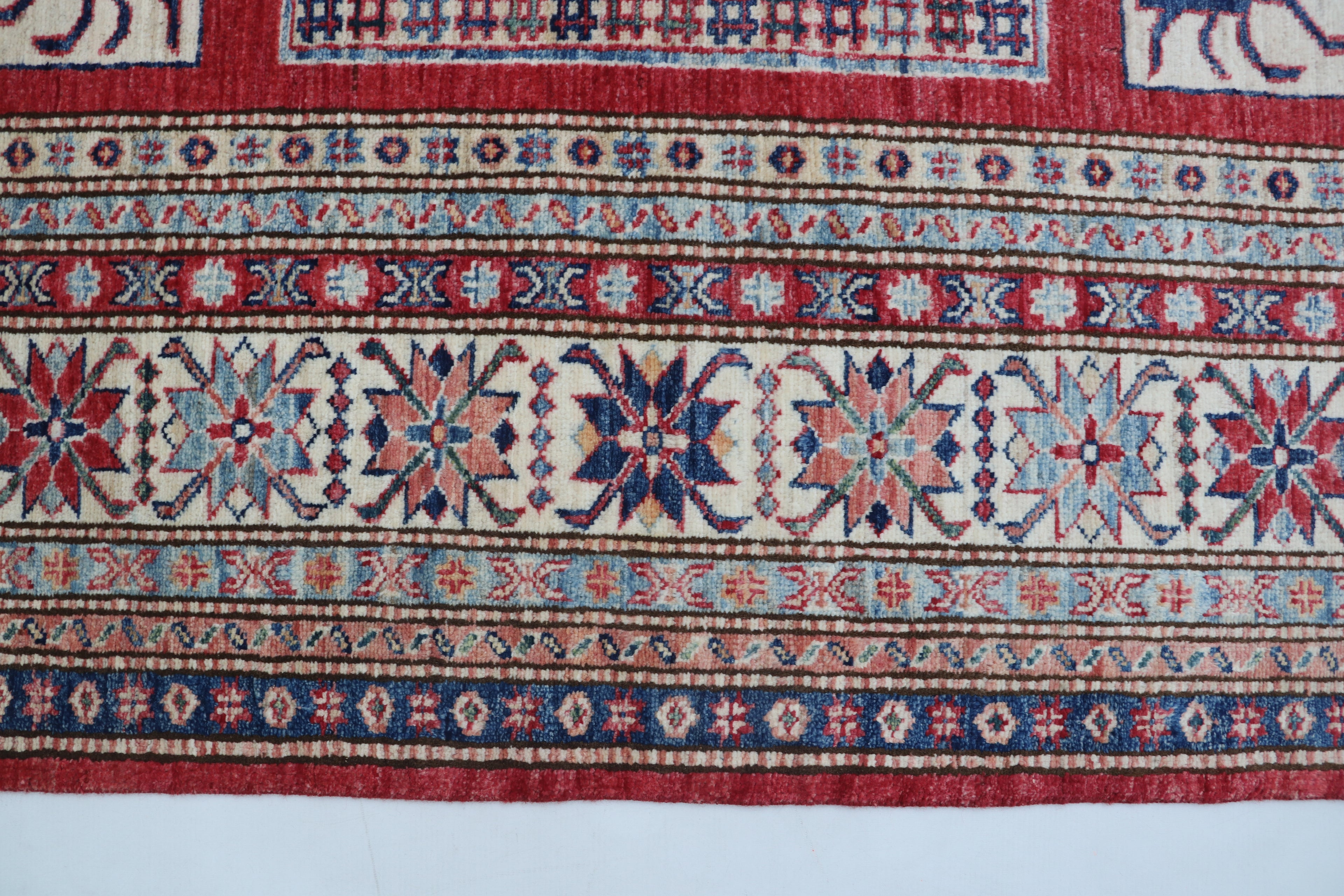 5x8 Beige & Red Super Kazak Geometric Handmade Cotton & Wool Rug | Premium Luxury Area Rug