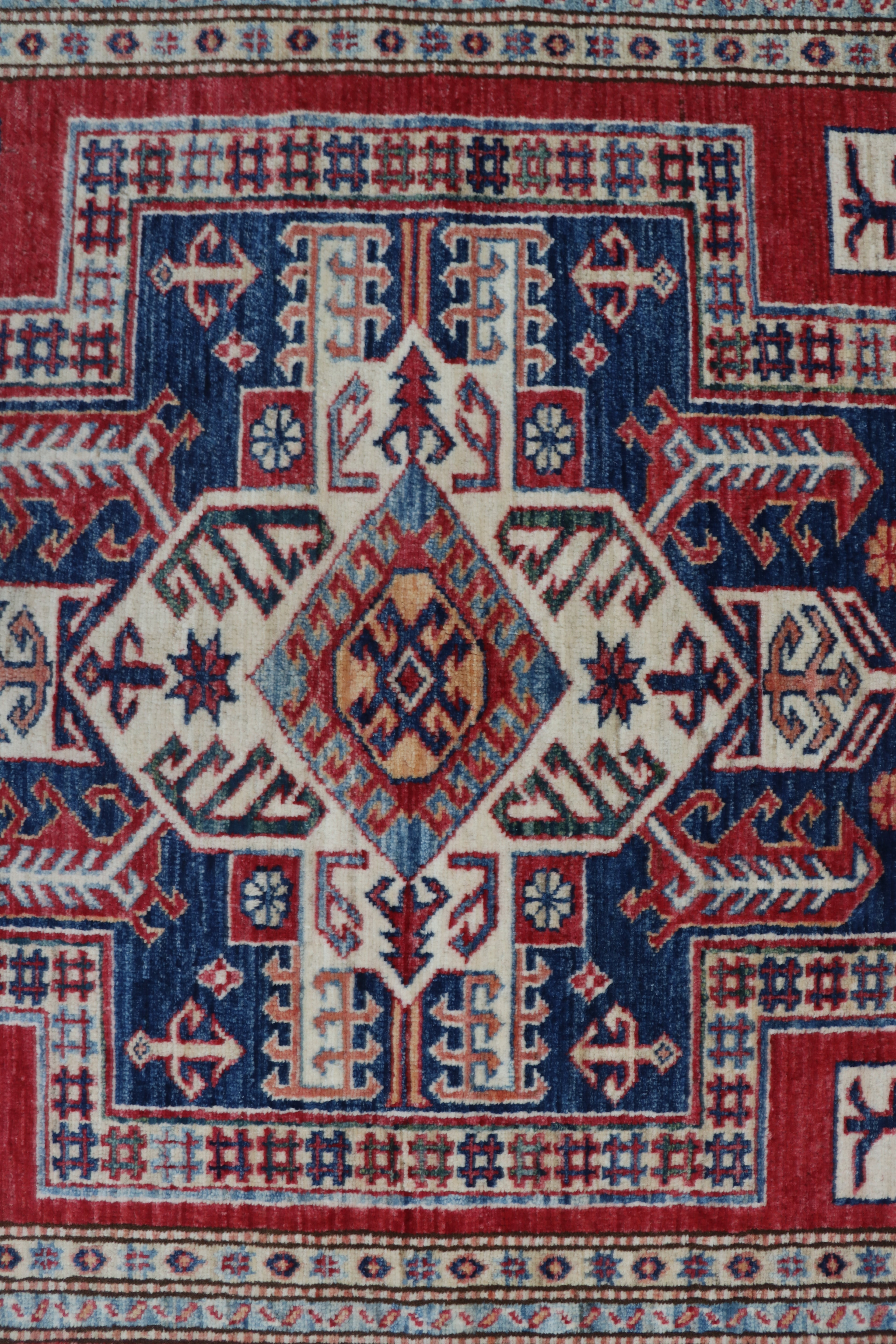 5x8 Beige & Red Super Kazak Geometric Handmade Cotton & Wool Rug | Premium Luxury Area Rug