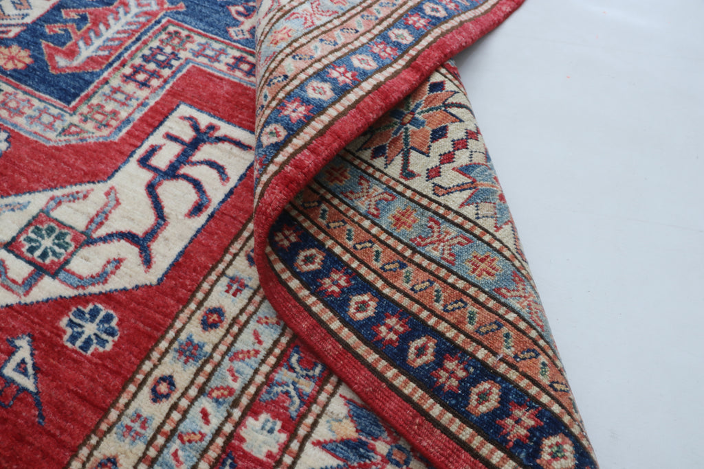 5x8 Beige & Red Super Kazak Geometric Handmade Cotton & Wool Rug | Premium Luxury Area Rug