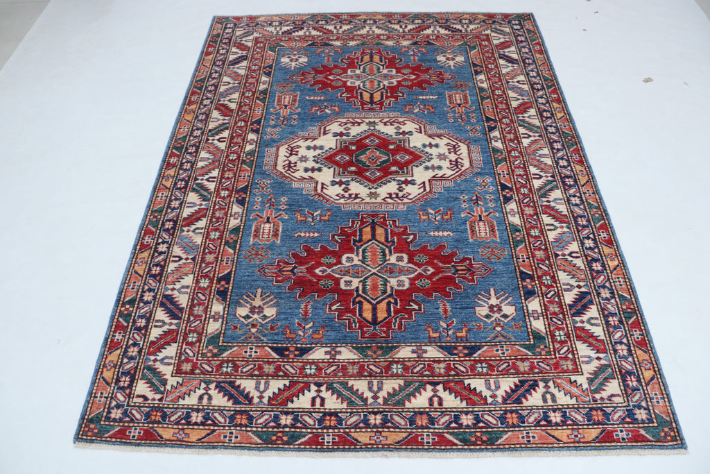 5x6 Beige & Blue Super Kazak Geometric Handmade Cotton & Wool Rug | Premium Luxury Area Rug
