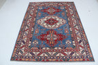 5x6 Beige & Blue Super Kazak Geometric Handmade Cotton & Wool Rug | Premium Luxury Area Rug