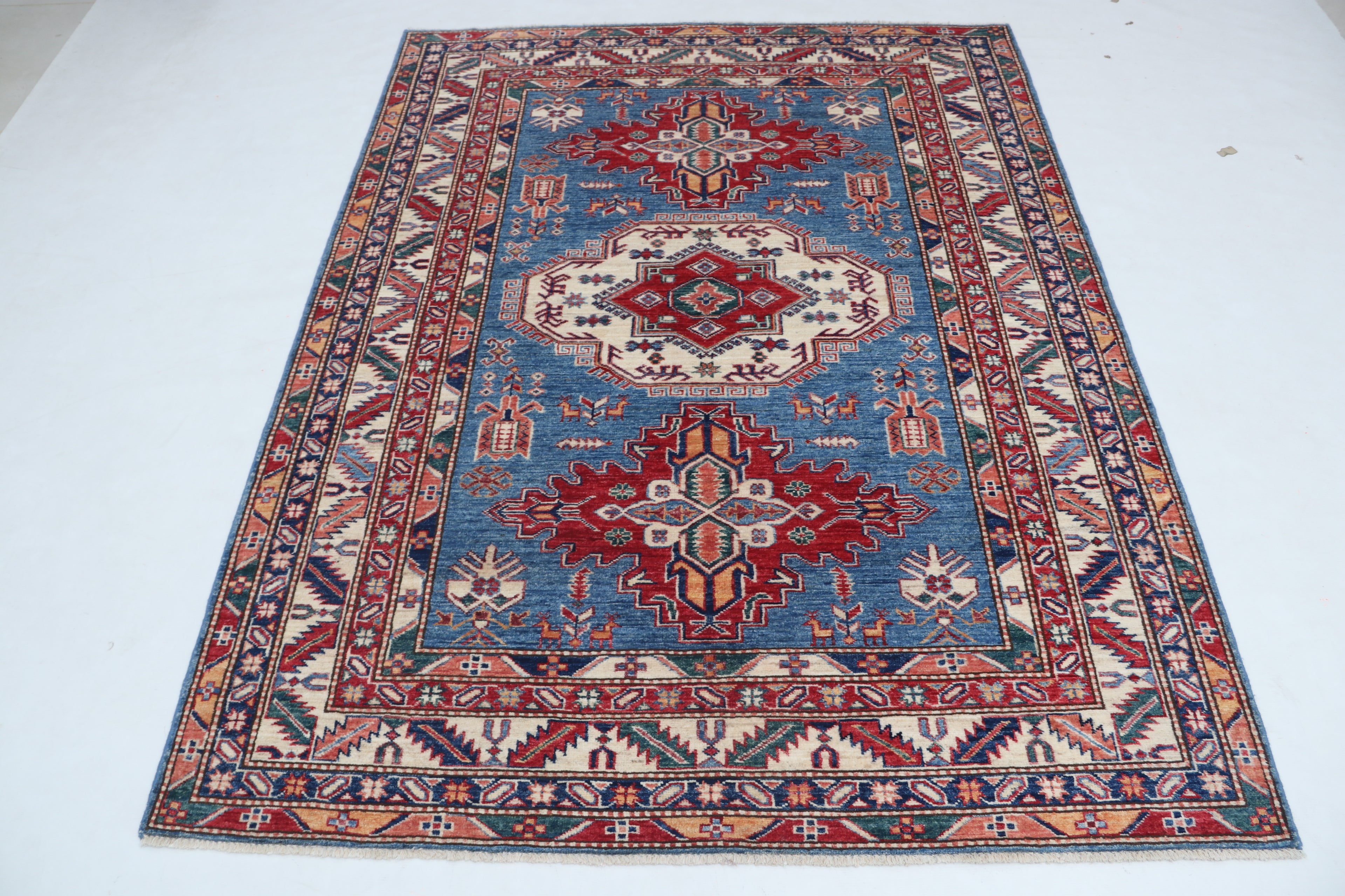 5x6 Beige & Blue Super Kazak Geometric Handmade Cotton & Wool Rug | Premium Luxury Area Rug