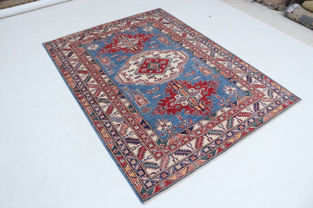 5x6 Beige & Blue Super Kazak Geometric Handmade Cotton & Wool Rug | Premium Luxury Area Rug