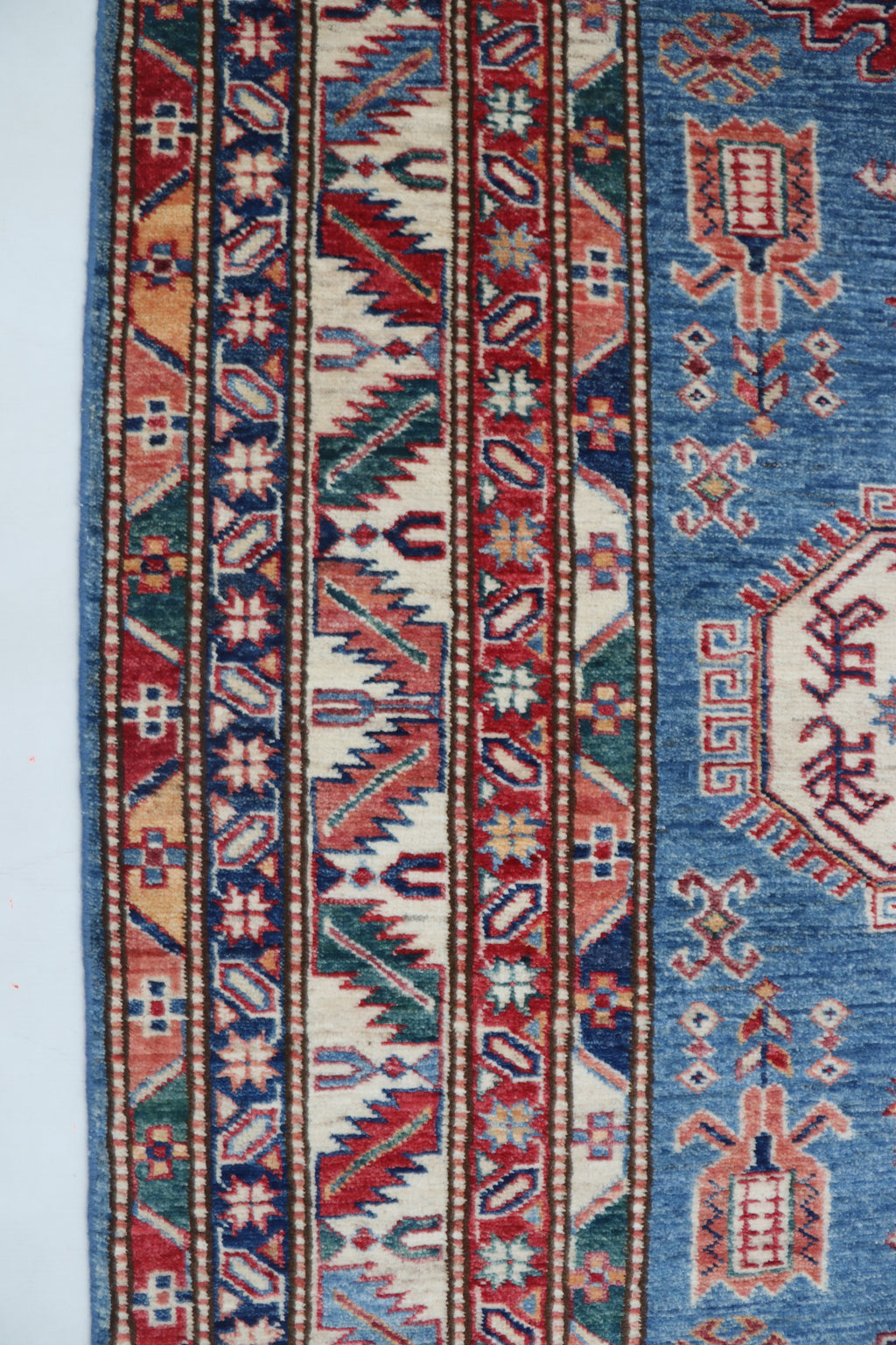 5x6 Beige & Blue Super Kazak Geometric Handmade Cotton & Wool Rug | Premium Luxury Area Rug