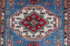 5x6 Beige & Blue Super Kazak Geometric Handmade Cotton & Wool Rug | Premium Luxury Area Rug