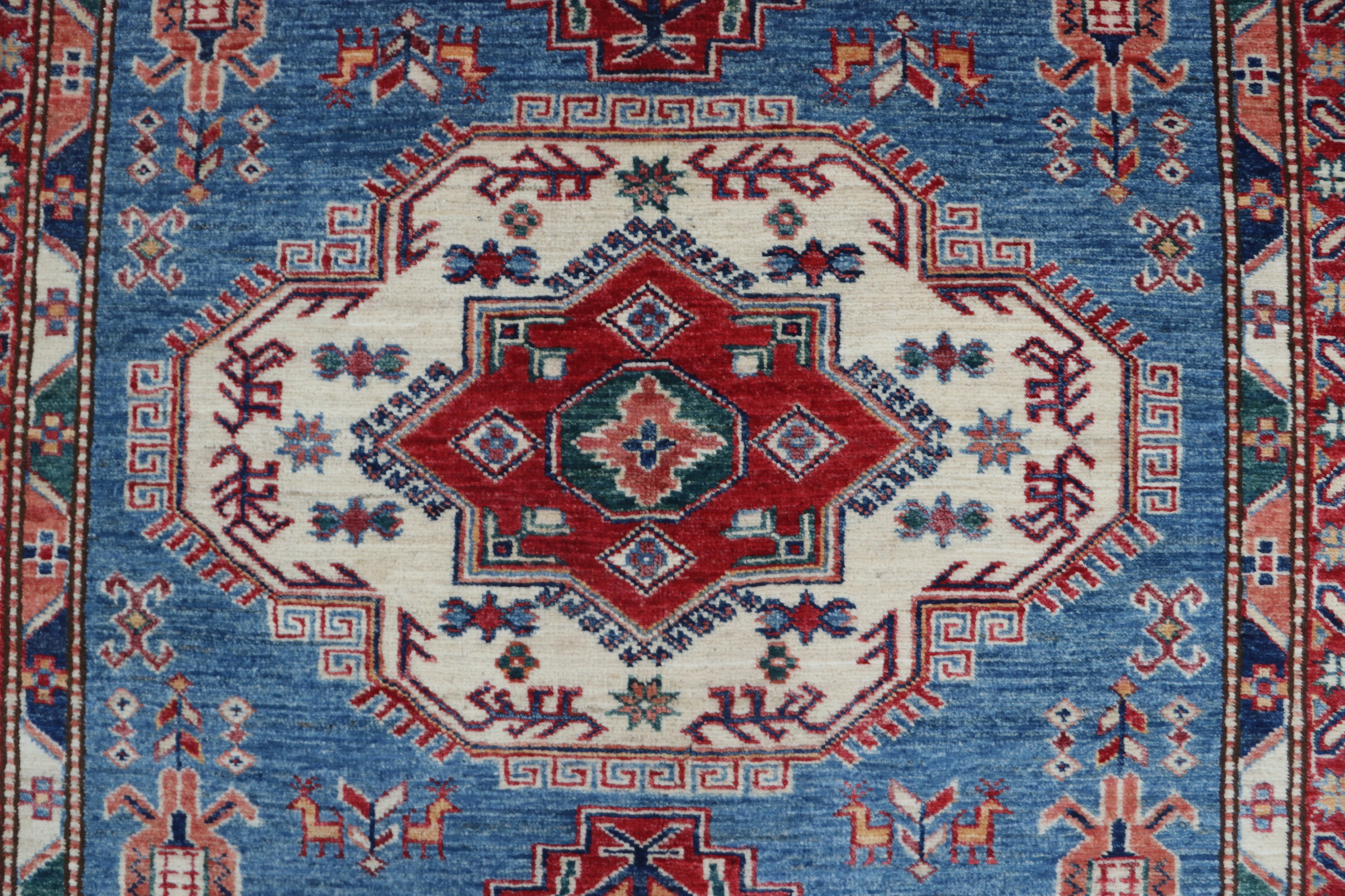 5x6 Beige & Blue Super Kazak Geometric Handmade Cotton & Wool Rug | Premium Luxury Area Rug