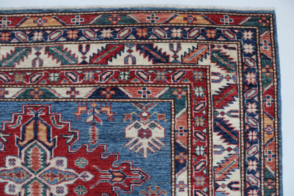 5x6 Beige & Blue Super Kazak Geometric Handmade Cotton & Wool Rug | Premium Luxury Area Rug