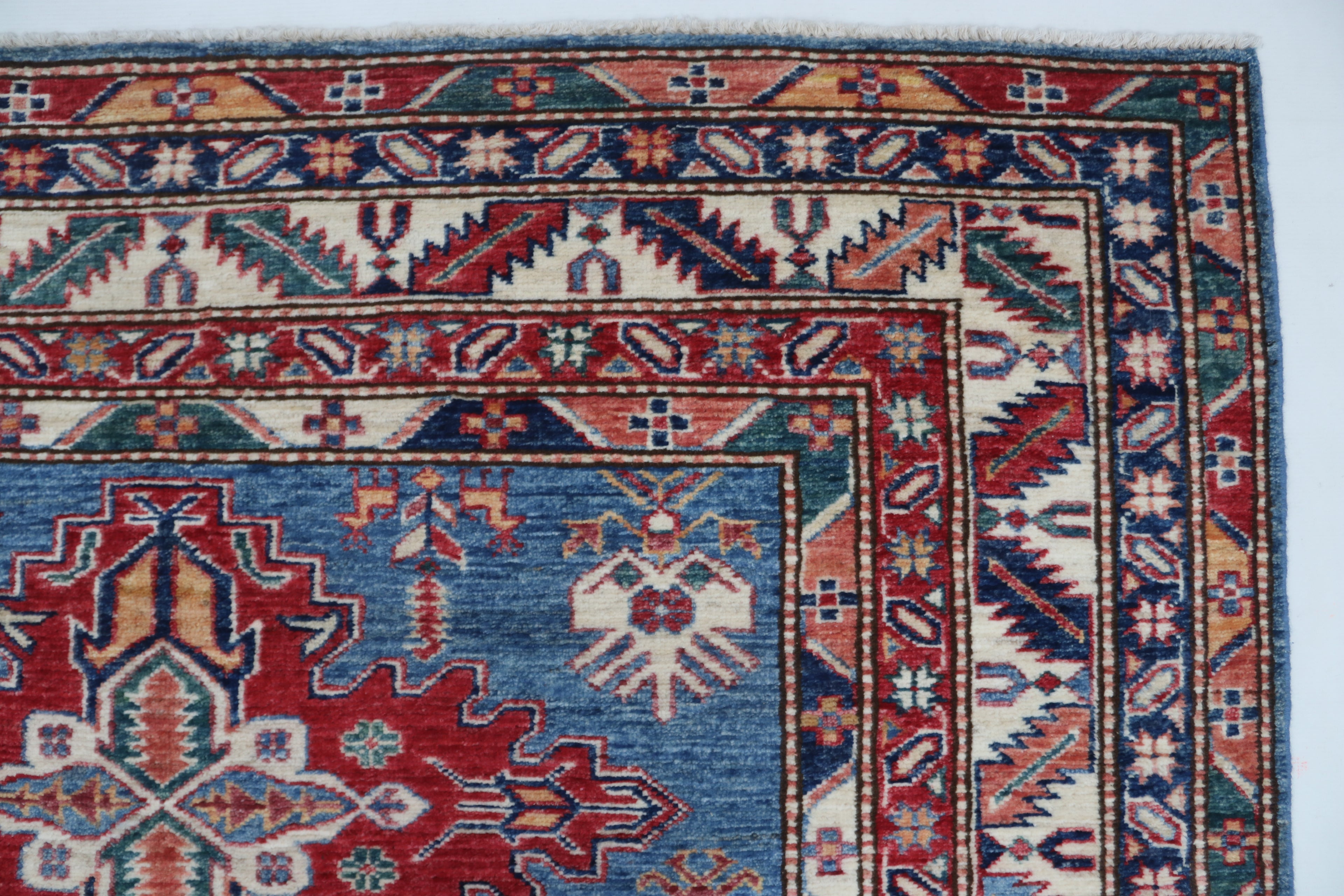5x6 Beige & Blue Super Kazak Geometric Handmade Cotton & Wool Rug | Premium Luxury Area Rug