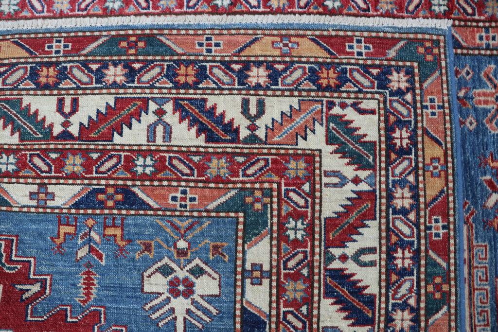 5x6 Beige & Blue Super Kazak Geometric Handmade Cotton & Wool Rug | Premium Luxury Area Rug