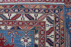 5x6 Beige & Blue Super Kazak Geometric Handmade Cotton & Wool Rug | Premium Luxury Area Rug