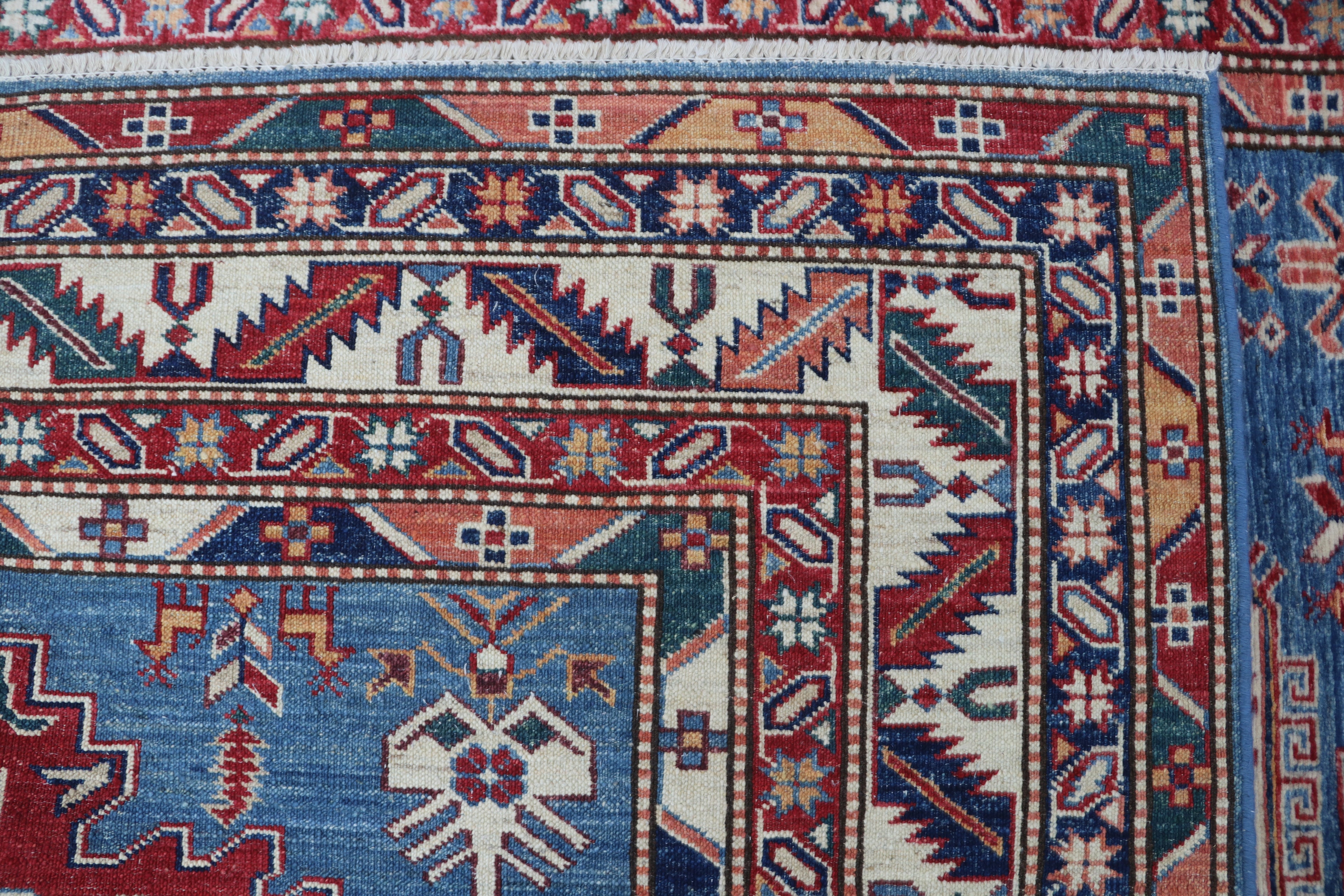 5x6 Beige & Blue Super Kazak Geometric Handmade Cotton & Wool Rug | Premium Luxury Area Rug