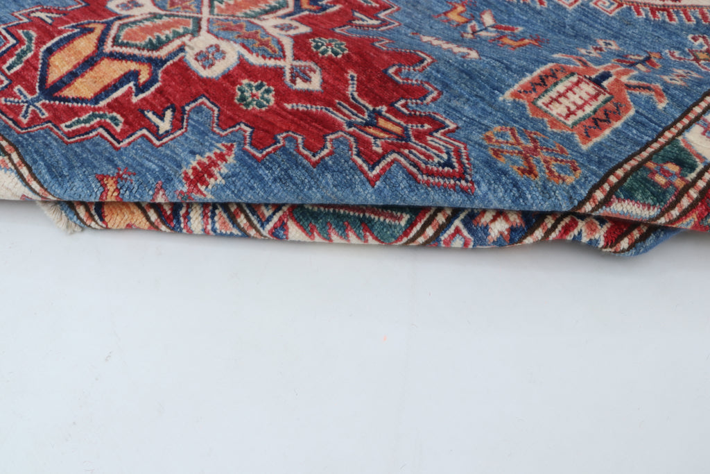 5x6 Beige & Blue Super Kazak Geometric Handmade Cotton & Wool Rug | Premium Luxury Area Rug
