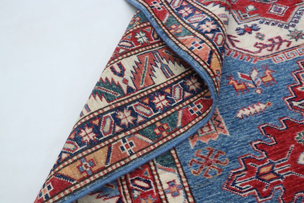 5x6 Beige & Blue Super Kazak Geometric Handmade Cotton & Wool Rug | Premium Luxury Area Rug