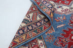 5x6 Beige & Blue Super Kazak Geometric Handmade Cotton & Wool Rug | Premium Luxury Area Rug