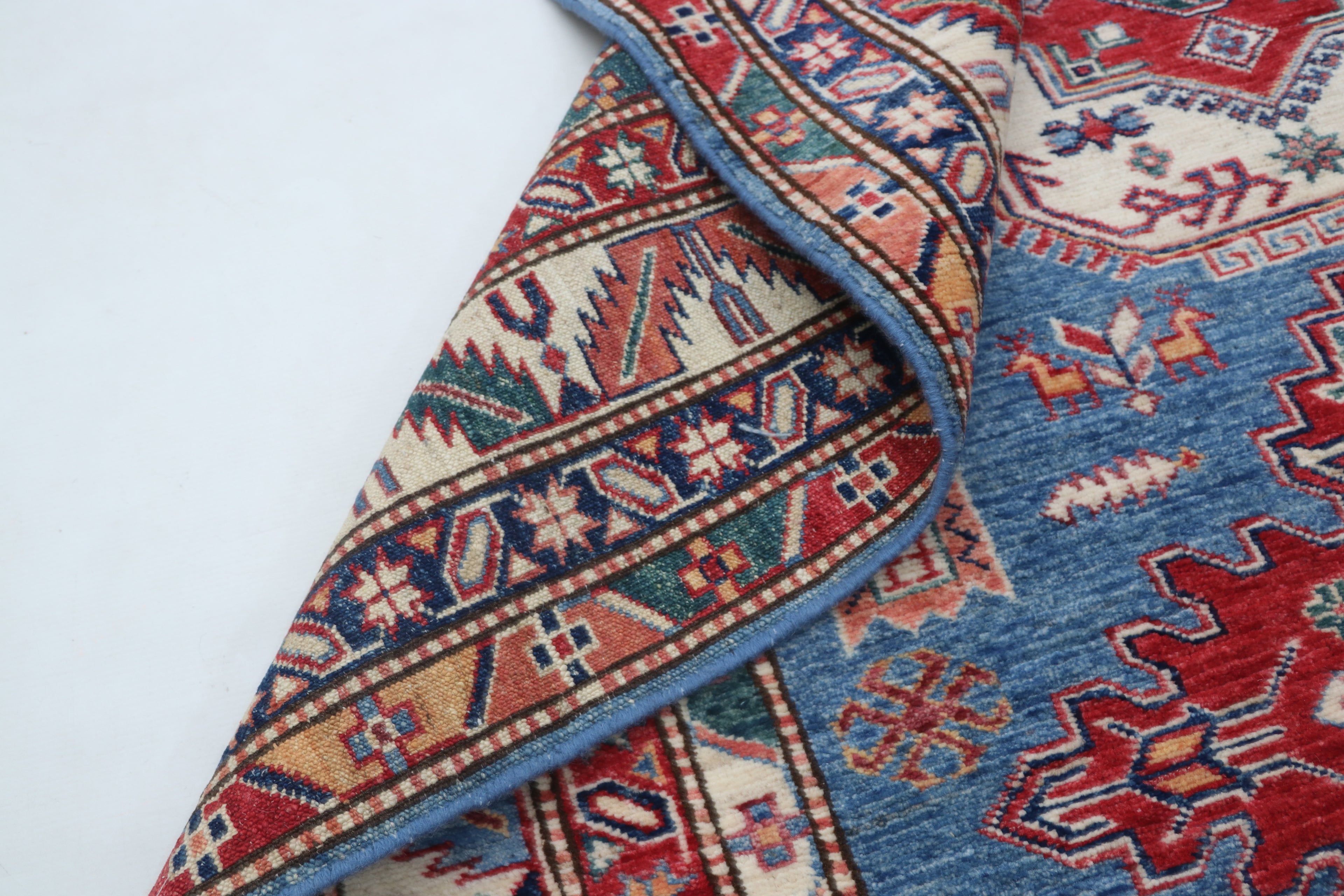 5x6 Beige & Blue Super Kazak Geometric Handmade Cotton & Wool Rug | Premium Luxury Area Rug