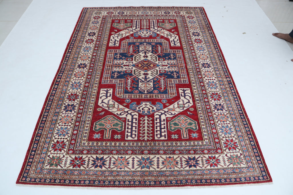 5x8 Super Kazak Geometric Area Rug | Handmade Cotton & Wool Rug | Vegetable Dyed