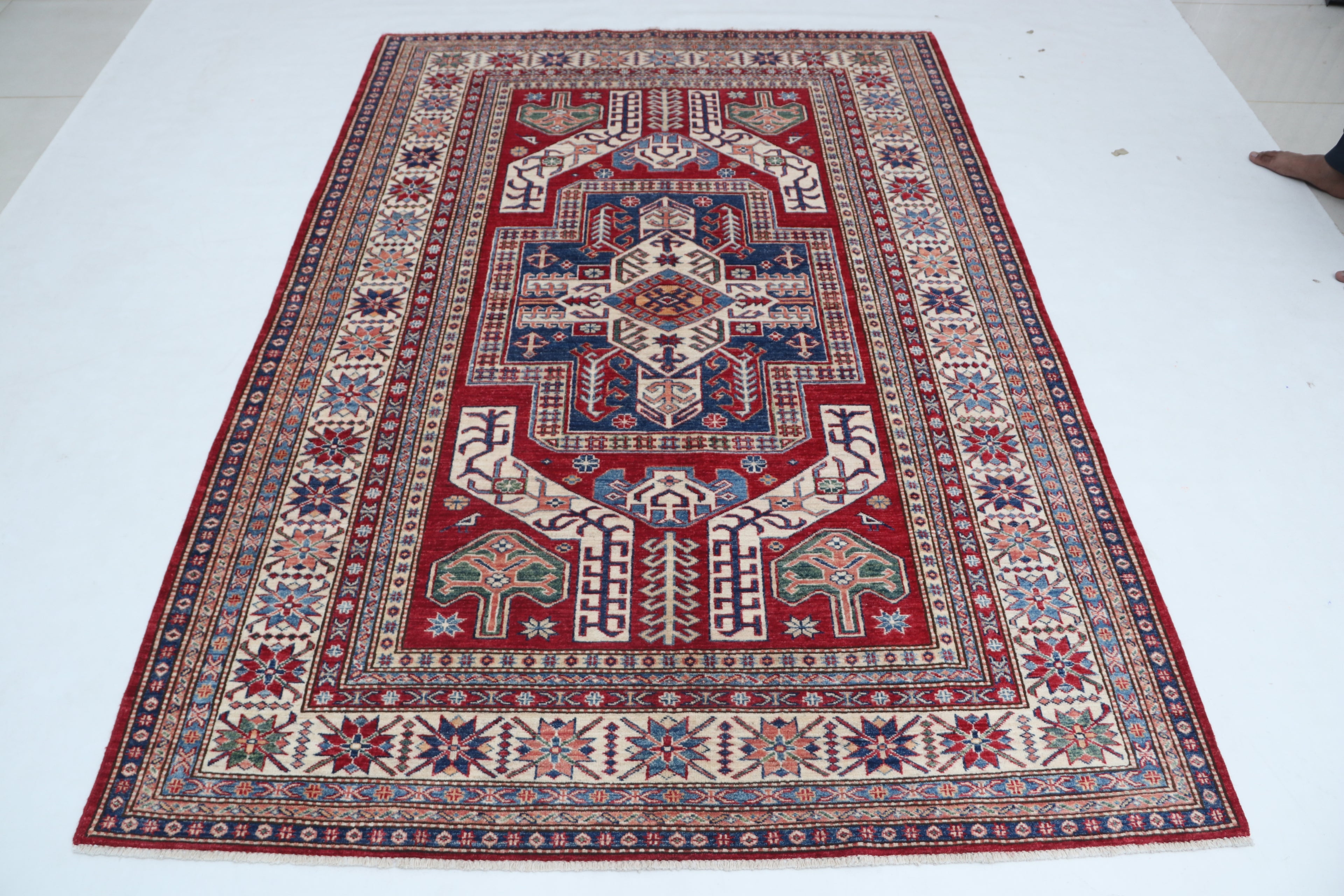 5x8 Super Kazak Geometric Area Rug | Handmade Cotton & Wool Rug | Vegetable Dyed