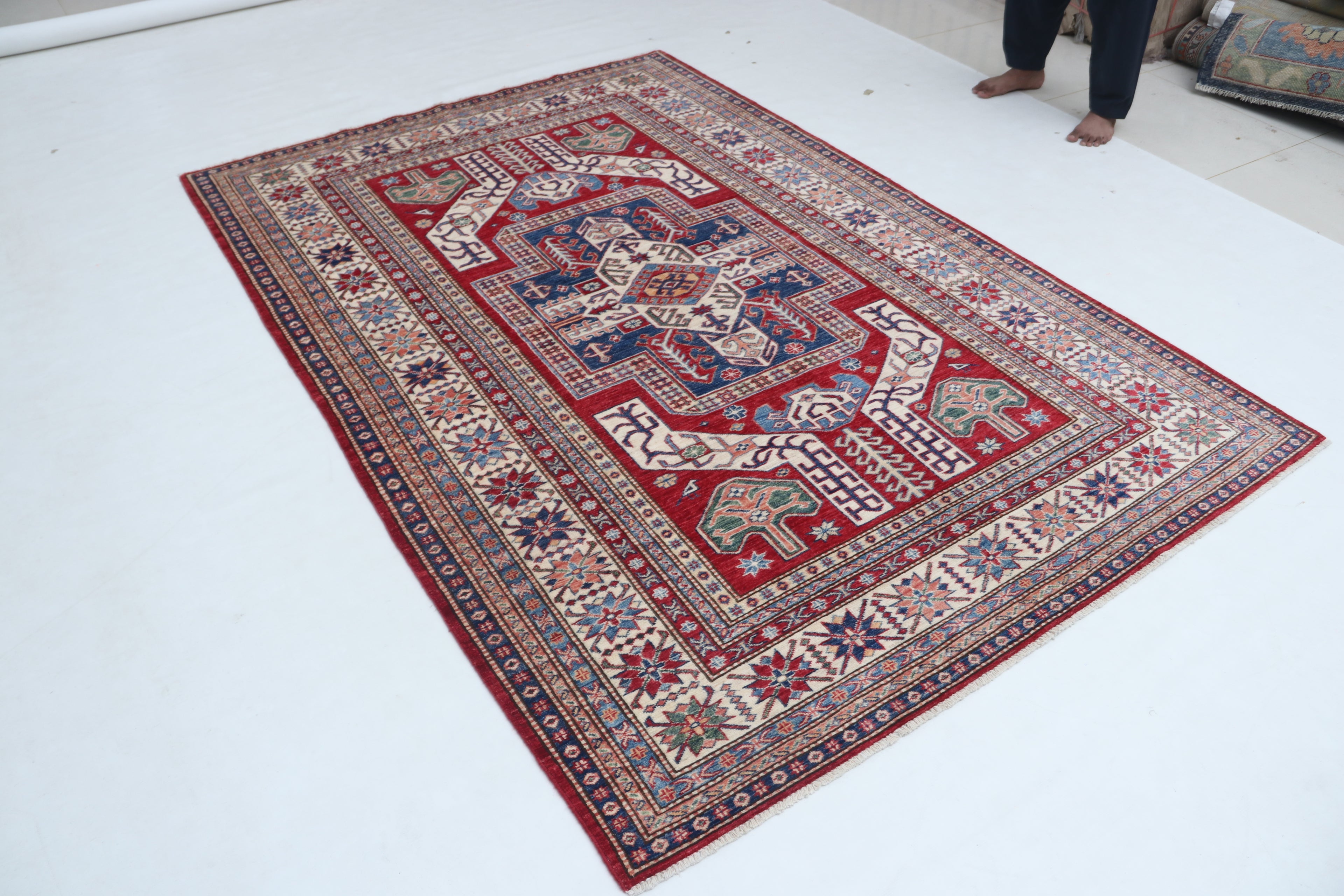5x8 Super Kazak Geometric Area Rug | Handmade Cotton & Wool Rug | Vegetable Dyed