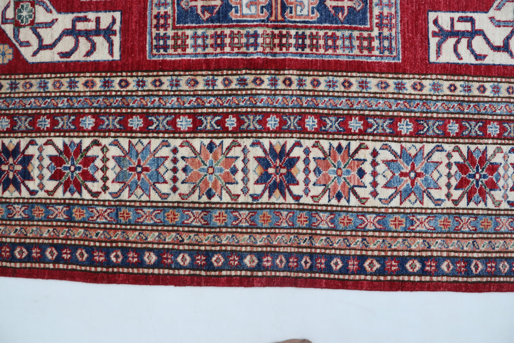 5x8 Super Kazak Geometric Area Rug | Handmade Cotton & Wool Rug | Vegetable Dyed