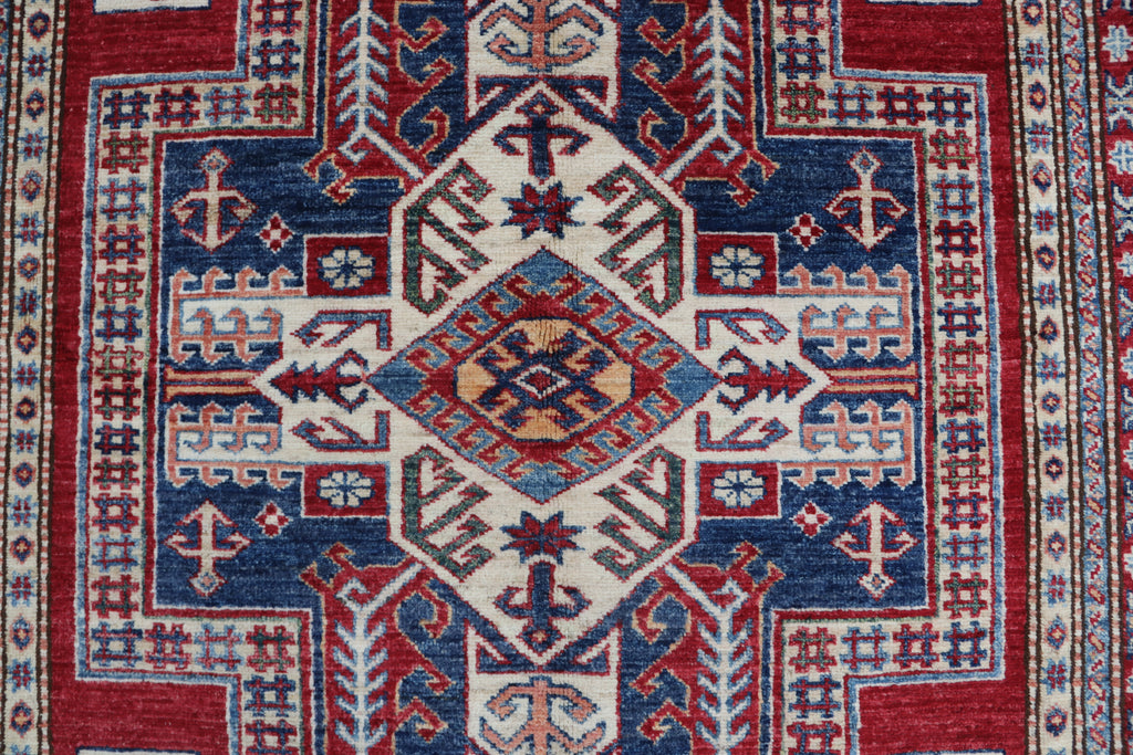 5x8 Super Kazak Geometric Area Rug | Handmade Cotton & Wool Rug | Vegetable Dyed