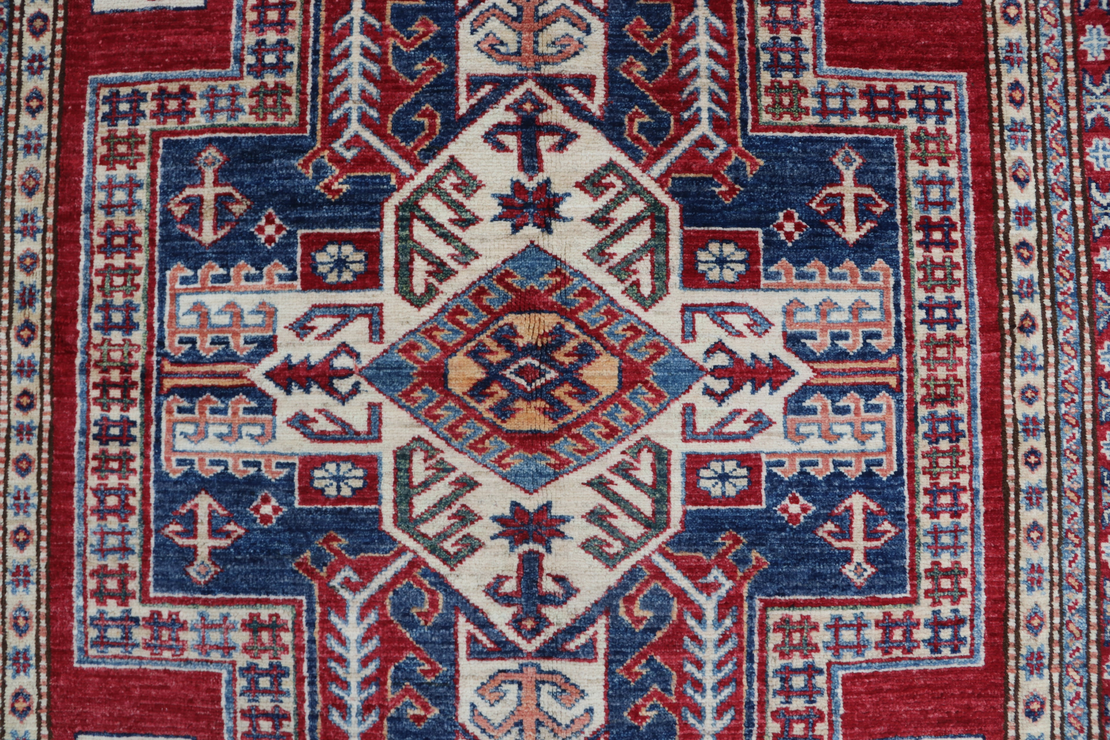 5x8 Super Kazak Geometric Area Rug | Handmade Cotton & Wool Rug | Vegetable Dyed