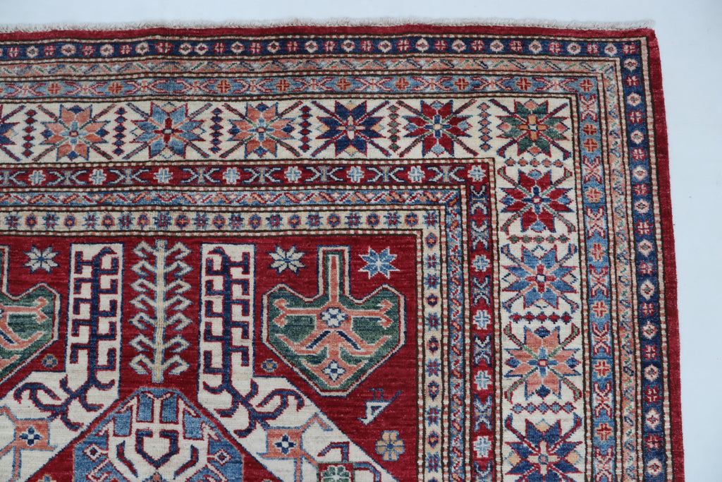 5x8 Super Kazak Geometric Area Rug | Handmade Cotton & Wool Rug | Vegetable Dyed