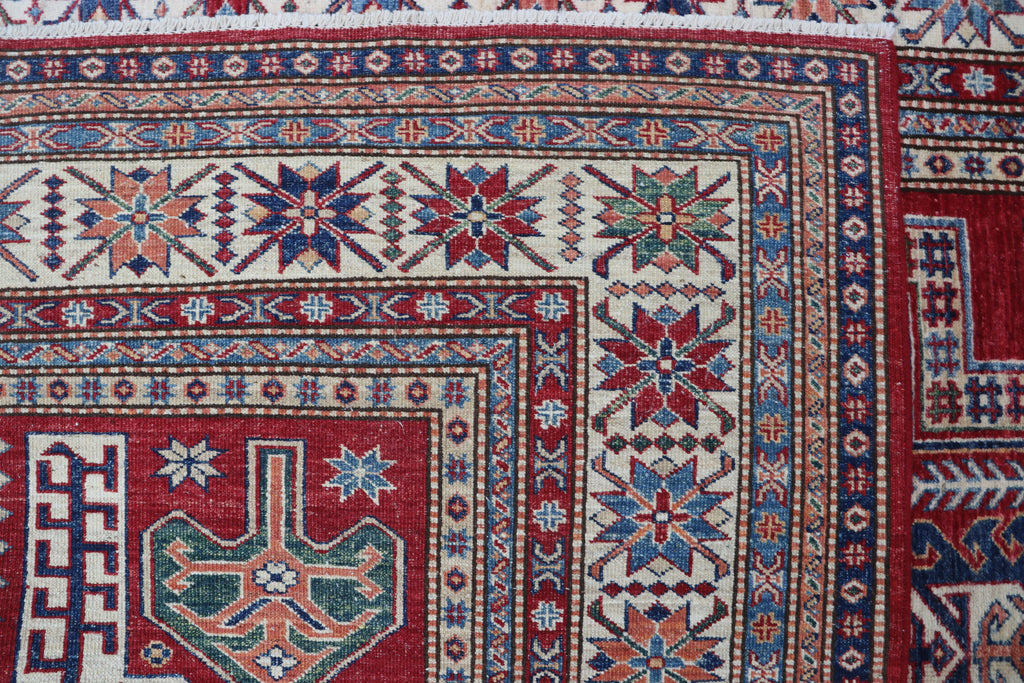 5x8 Super Kazak Geometric Area Rug | Handmade Cotton & Wool Rug | Vegetable Dyed