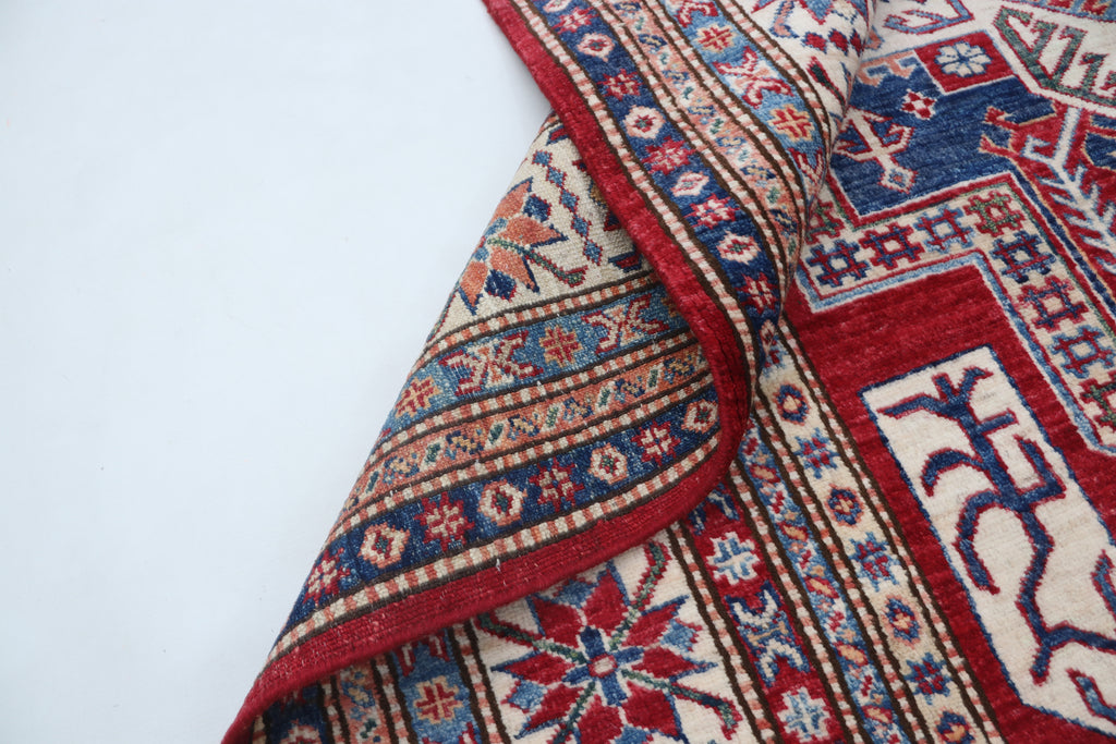 5x8 Super Kazak Geometric Area Rug | Handmade Cotton & Wool Rug | Vegetable Dyed