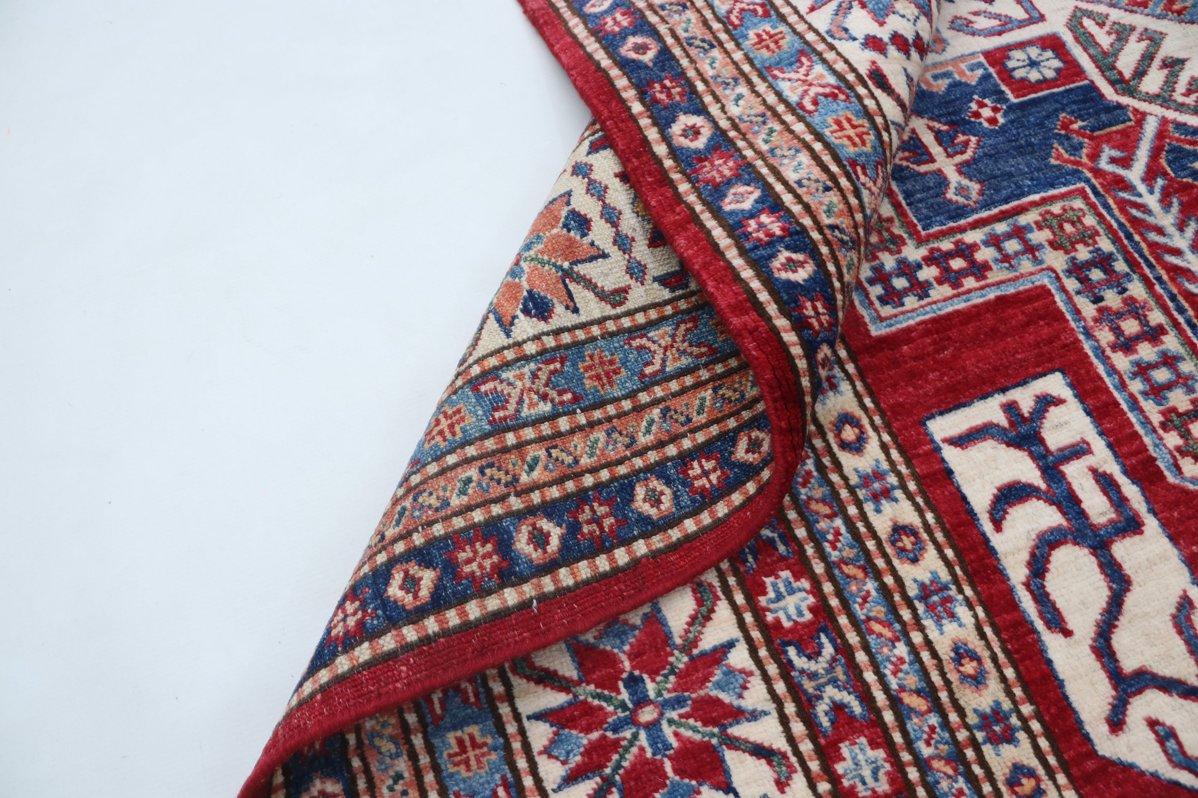 5x8 Super Kazak Geometric Area Rug | Handmade Cotton & Wool Rug | Vegetable Dyed