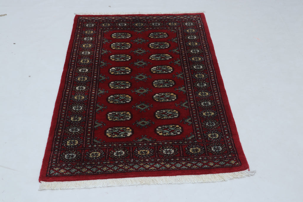 3x5 Red Mori Bokhara Handmade Wool & Cotton Rug | Geometric Hand-Knotted Area Rug