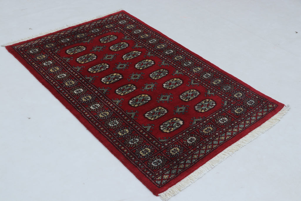 3x5 Red Mori Bokhara Handmade Wool & Cotton Rug | Geometric Hand-Knotted Area Rug